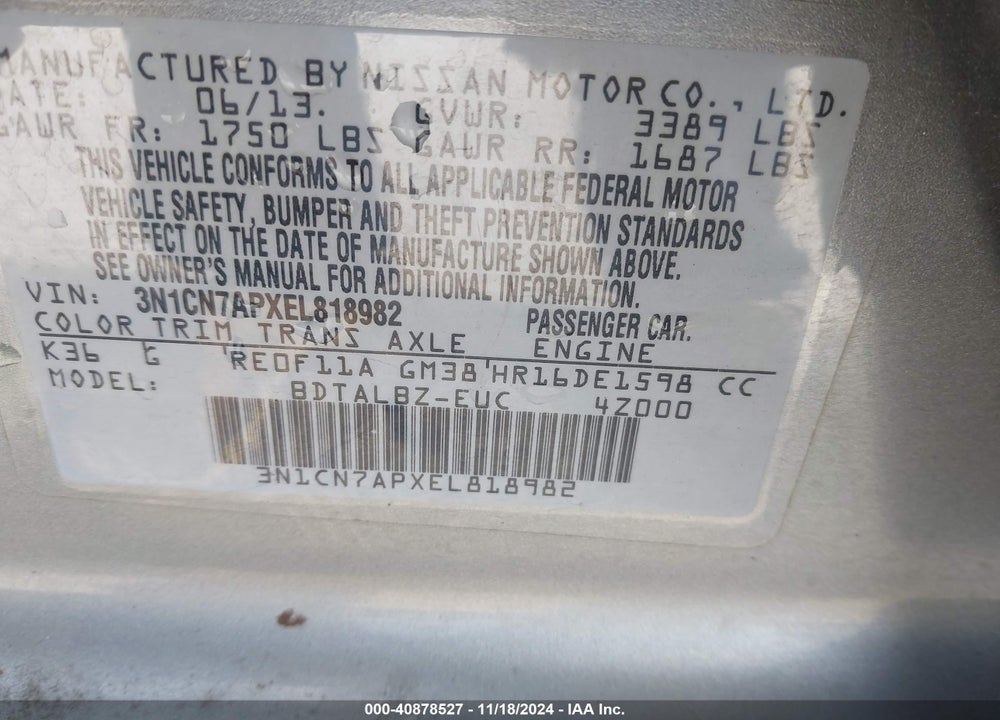 2014 NISSAN VERSA 1.6 SV VIN: 3N1CN7APXEL818982
