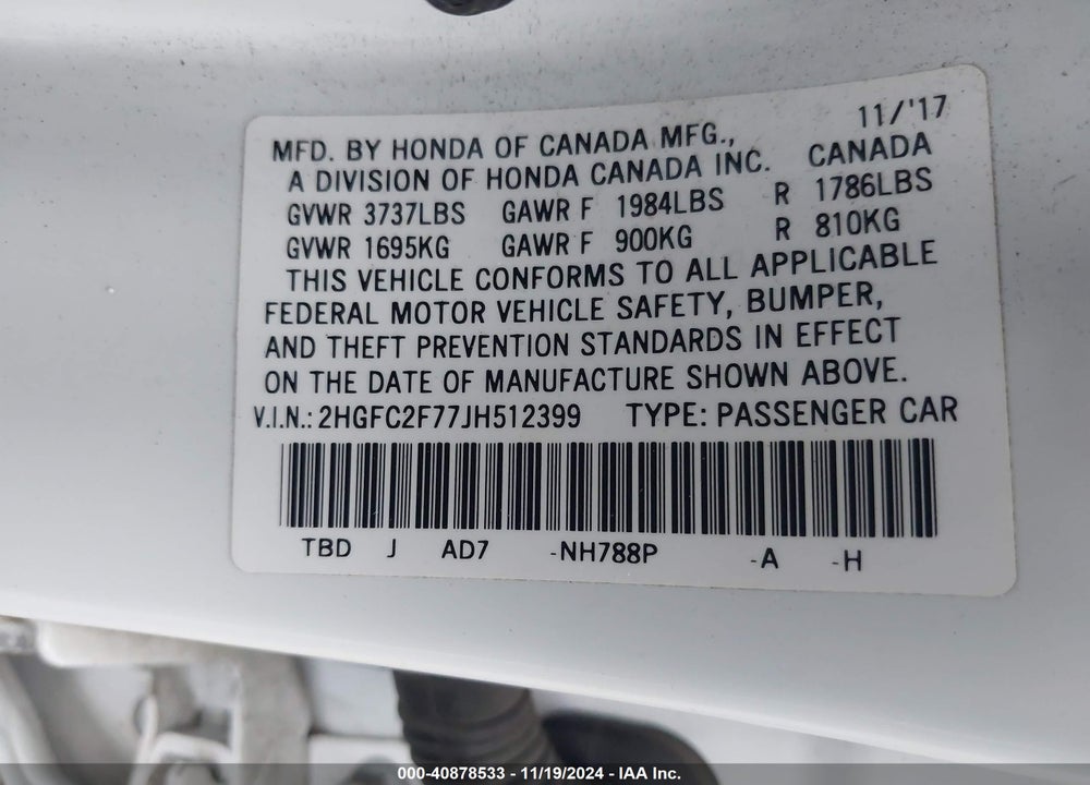2018 HONDA CIVIC EX VIN: 2HGFC2F77JH512399