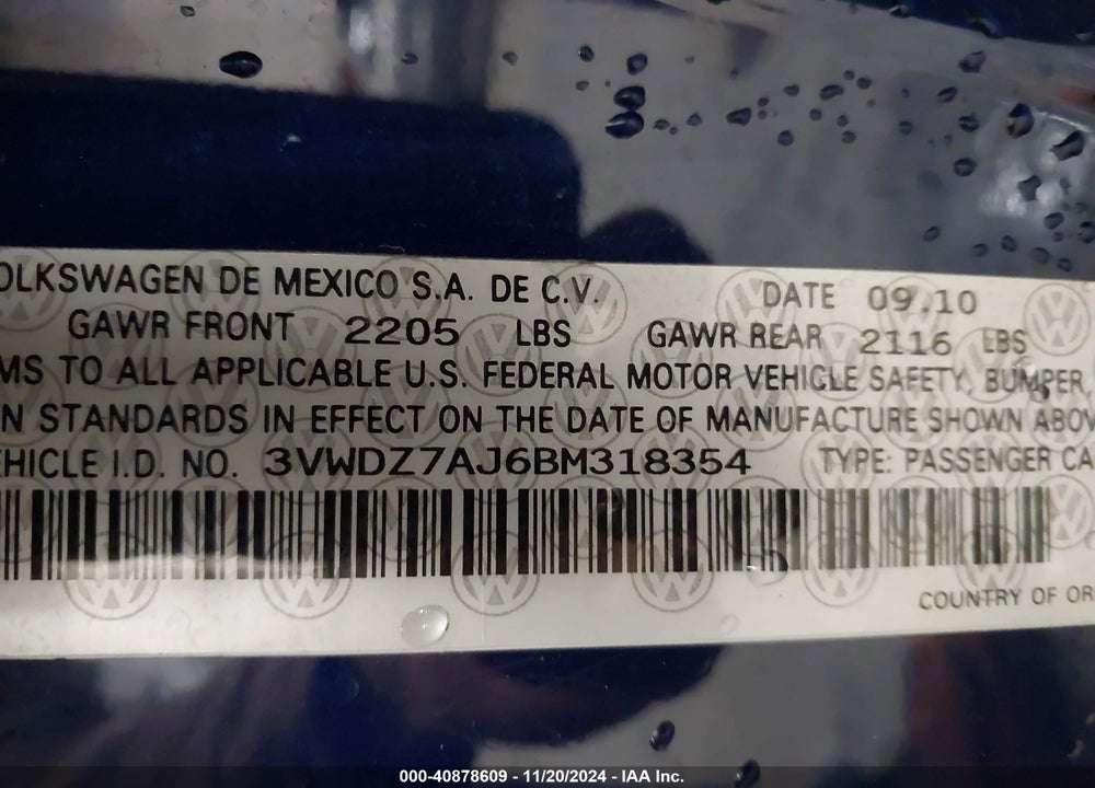 2011 VOLKSWAGEN JETTA 2.5L SE VIN: 3VWDZ7AJ6BM318354