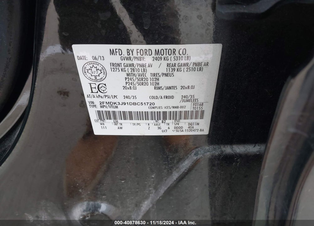 2013 FORD EDGE SEL VIN: 2FMDK3J91DBC51720