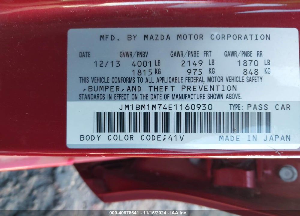 2014 MAZDA 3 I GRAND TOURING VIN: JM1BM1M74E1160930