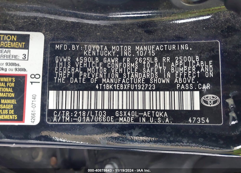 2015 TOYOTA AVALON XLE TOURING VIN: 4T1BK1EBXFU192723