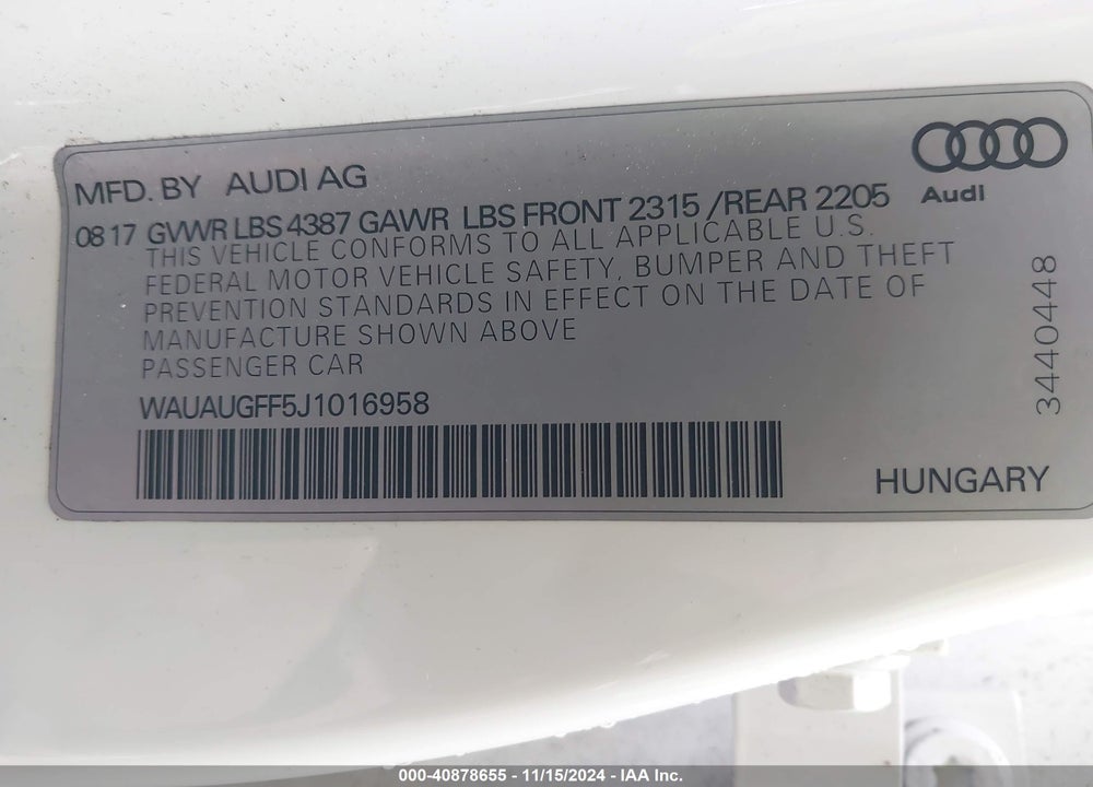 2018 AUDI A3 2.0T PREMIUM/2.0T TECH PREMIUM VIN: WAUAUGFF5J1016958