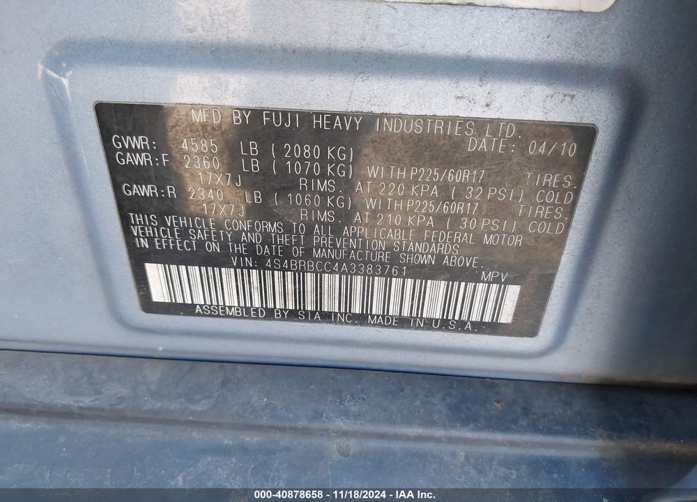 2010 SUBARU OUTBACK 2.5I PREMIUM VIN: 4S4BRBCC4A3383761
