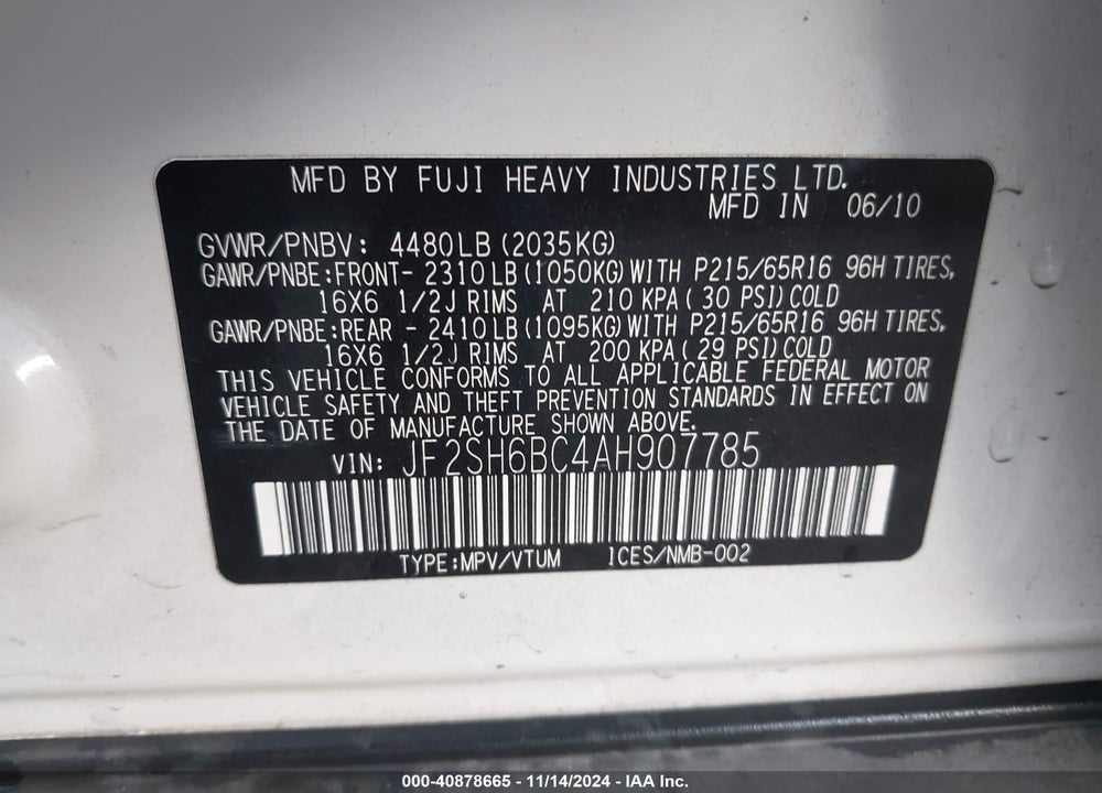 2010 SUBARU FORESTER 2.5X VIN: JF2SH6BC4AH907785