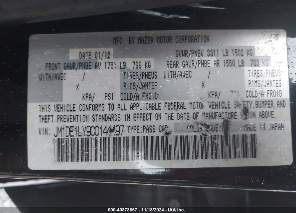 2012 MAZDA 2 TOURING VIN: JM1DE1LY9C0144497