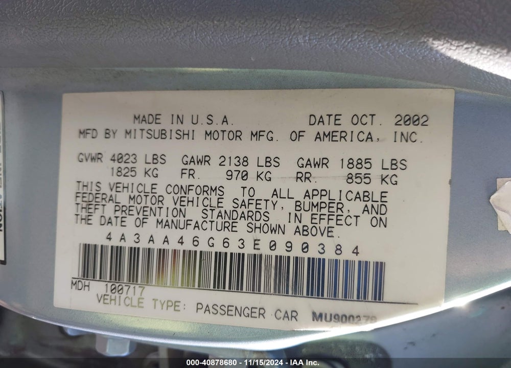2003 MITSUBISHI GALANT ES/LS VIN: 4A3AA46G63E090384