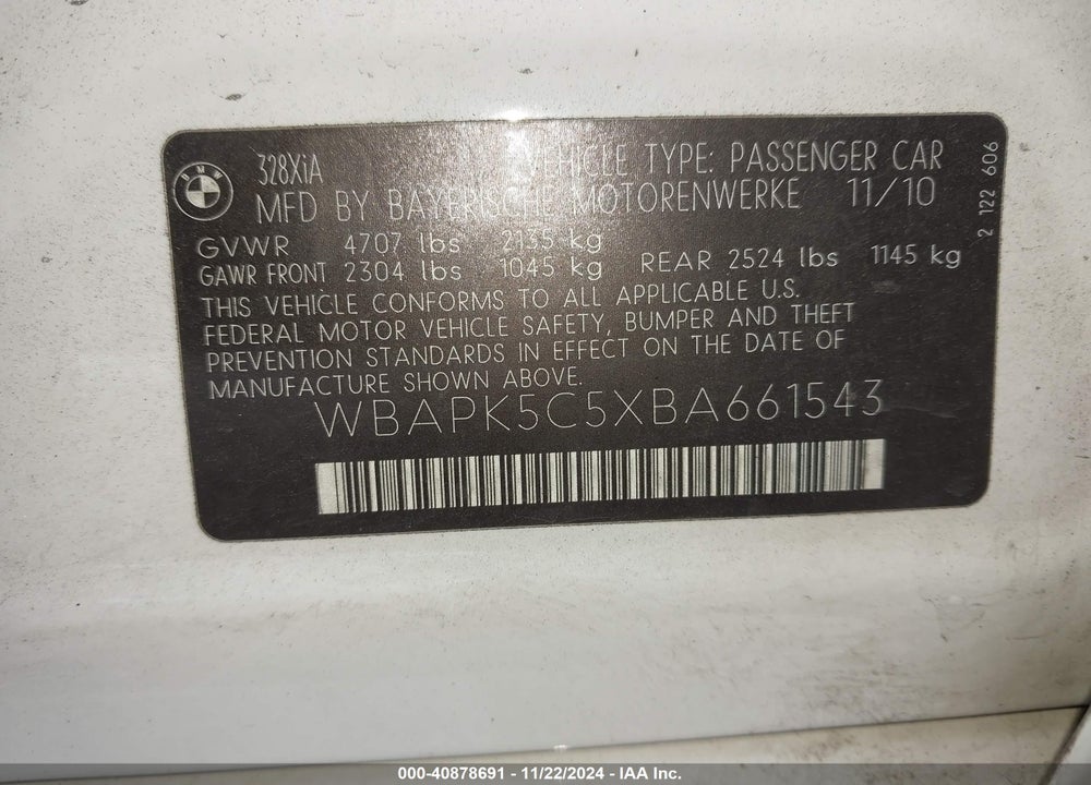 2011 BMW 328I XDRIVE VIN: WBAPK5C5XBA661543