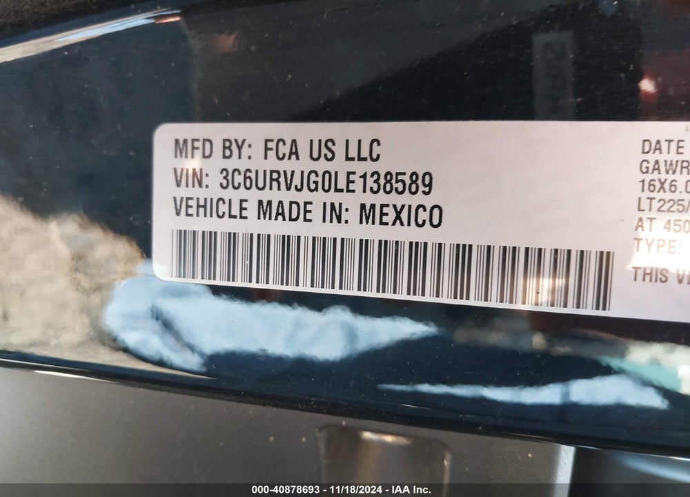 2020 RAM PROMASTER 3500 CARGO VAN HIGH ROOF 159 WB EXT VIN: 3C6URVJG0LE138589