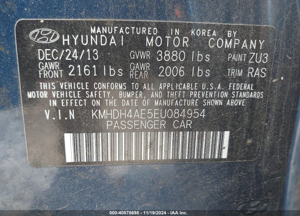 2014 HYUNDAI ELANTRA SE VIN: KMHDH4AE5EU084954