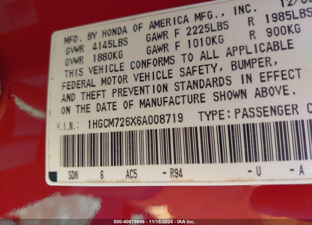 2006 HONDA ACCORD 2.4 EX VIN: 1HGCM726X6A008719
