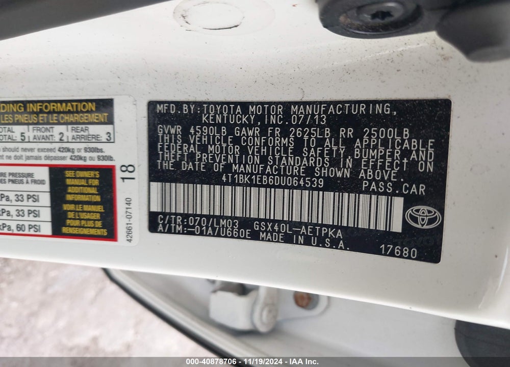 2013 TOYOTA AVALON LIMITED VIN: 4T1BK1EB6DU064539