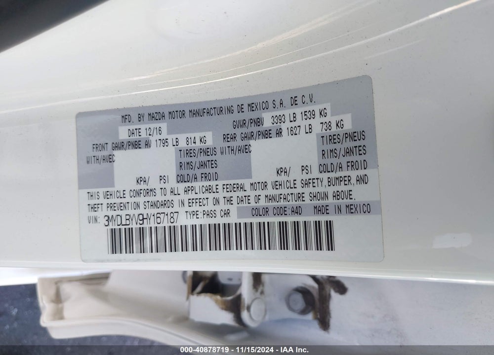 2017 TOYOTA YARIS IA VIN: 3MYDLBYV9HY167187