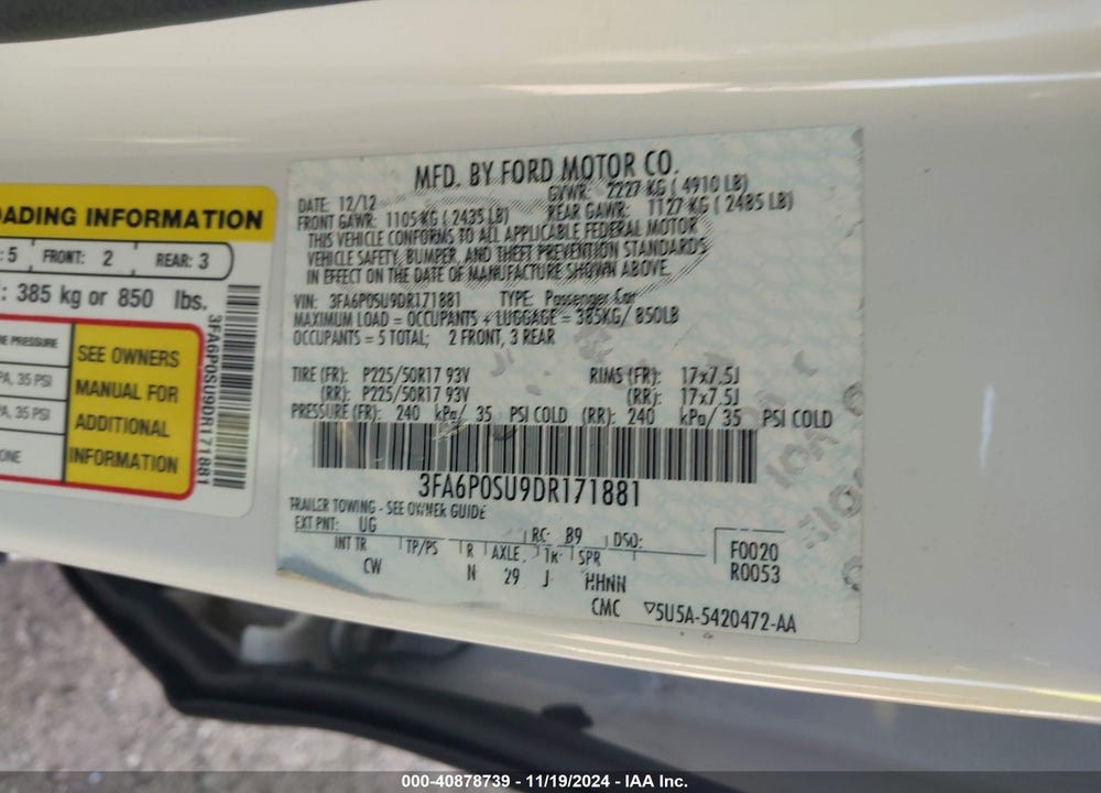 2013 FORD FUSION ENERGI TITANIUM VIN: 3FA6P0SU9DR171881