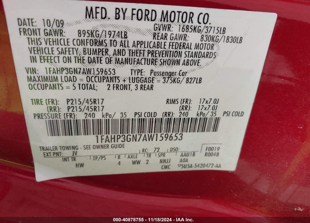 2010 FORD FOCUS SES VIN: 1FAHP3GN7AW159653