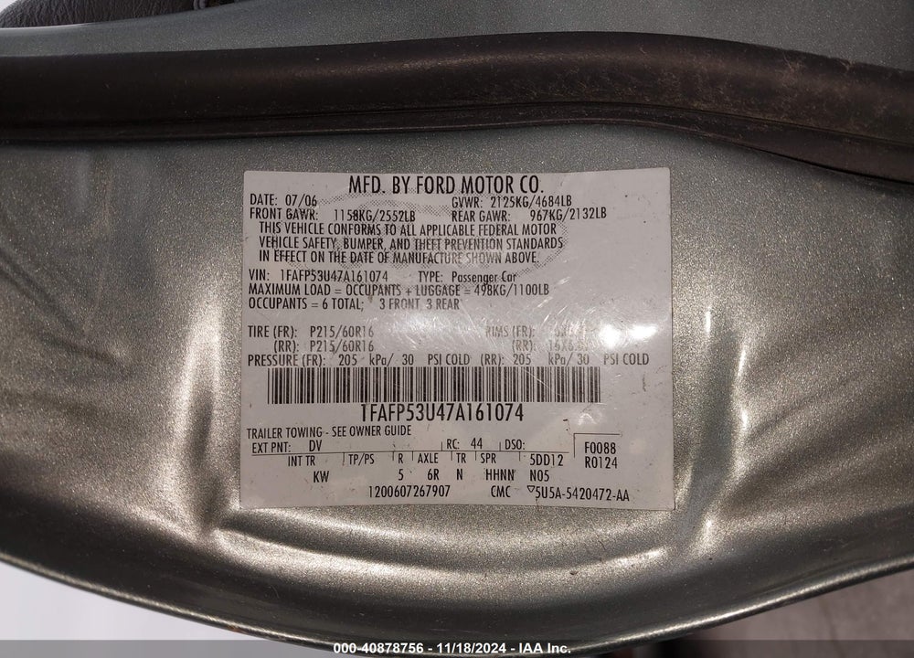 2007 FORD TAURUS SE VIN: 1FAFP53U47A161074