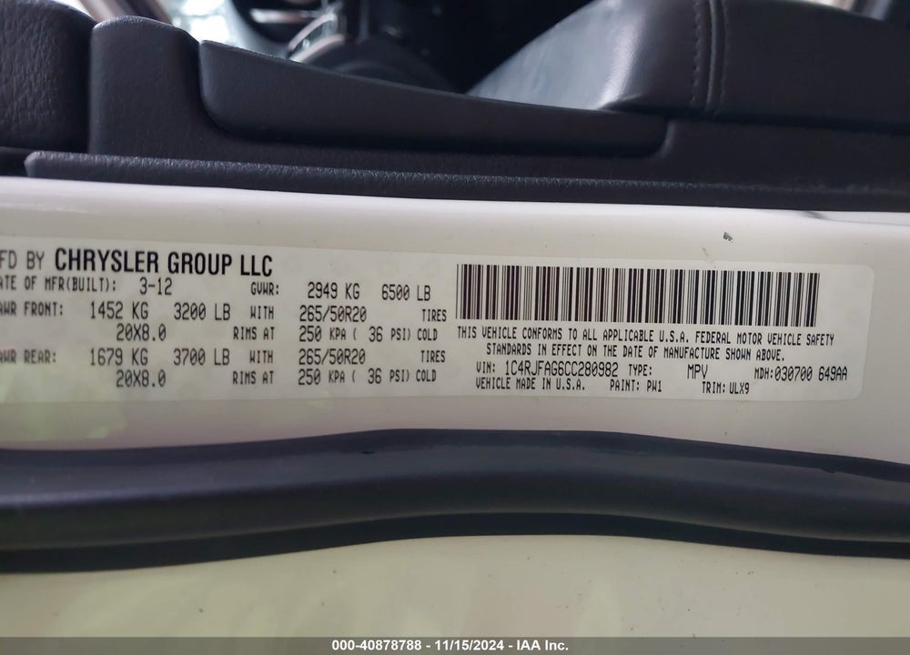 2012 JEEP GRAND CHEROKEE LAREDO VIN: 1C4RJFAG6CC280982