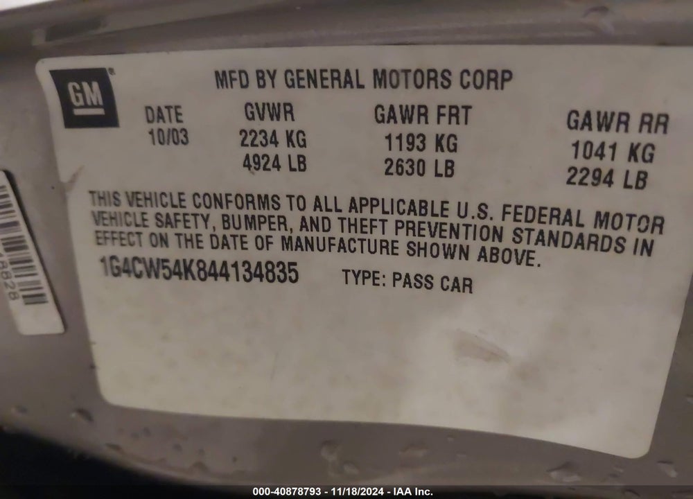 2004 BUICK PARK AVENUE VIN: 1G4CW54K844134835