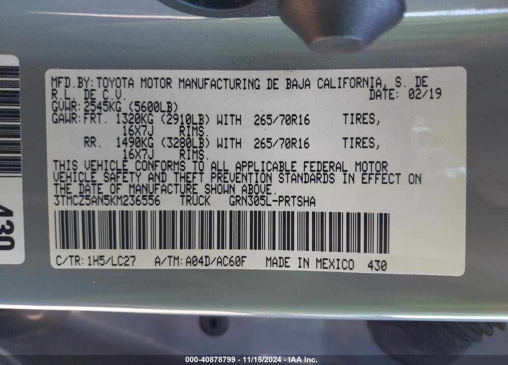 2019 TOYOTA TACOMA VIN: 3TMCZ5AN5KM236556