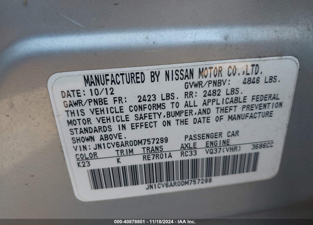 2013 INFINITI G37X VIN: JN1CV6AR0DM757299