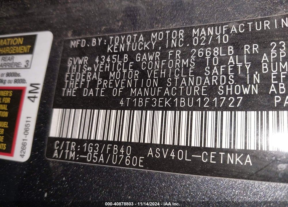2011 TOYOTA CAMRY LE VIN: 4T1BF3EK1BU121727