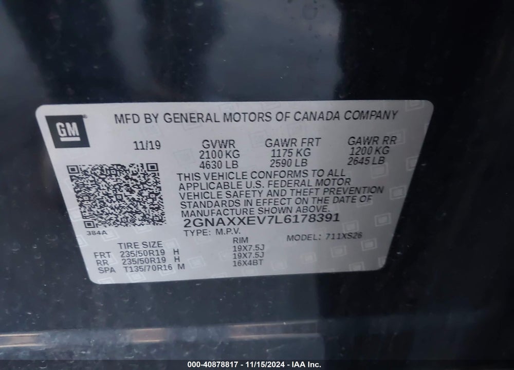 2020 CHEVROLET EQUINOX AWD PREMIER 1.5L TURBO VIN: 2GNAXXEV7L6178391