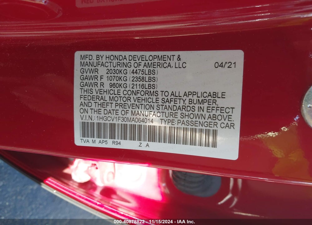 2021 HONDA ACCORD SPORT VIN: 1HGCV1F30MA064014