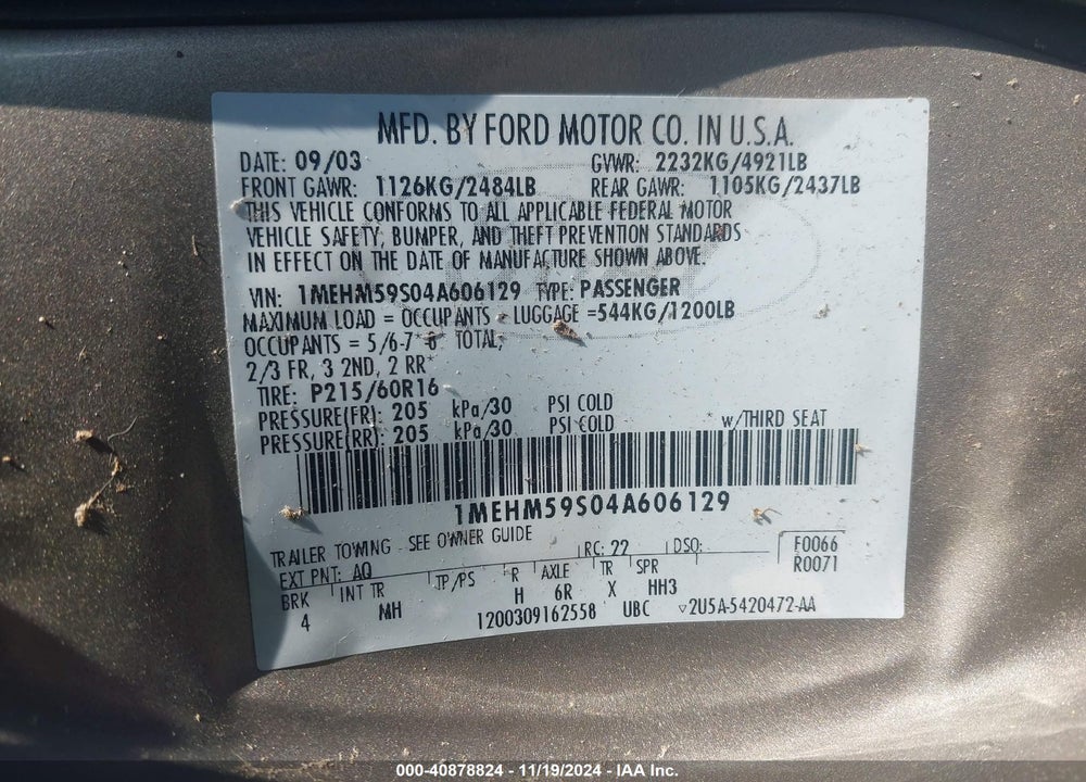 2004 MERCURY SABLE LS PREMIUM VIN: 1MEHM59S04A606129
