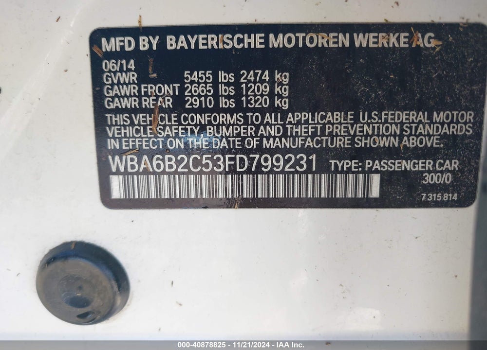 2015 BMW 650I GRAN COUPE VIN: WBA6B2C53FD799231
