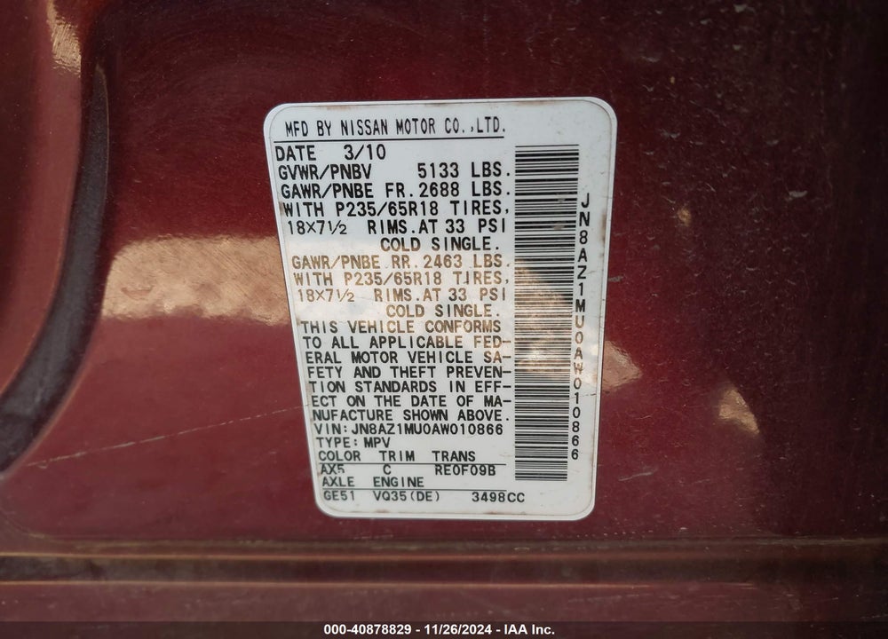 2010 NISSAN MURANO SL VIN: JN8AZ1MU0AW010866