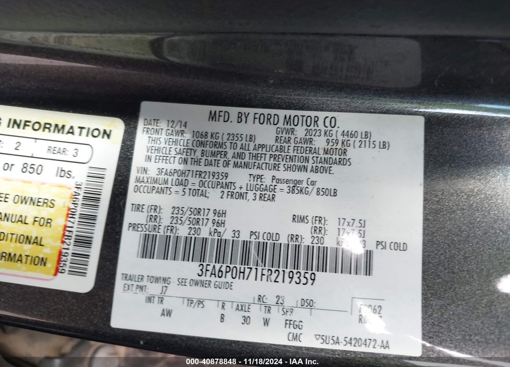 2015 FORD FUSION SE VIN: 3FA6P0H71FR219359