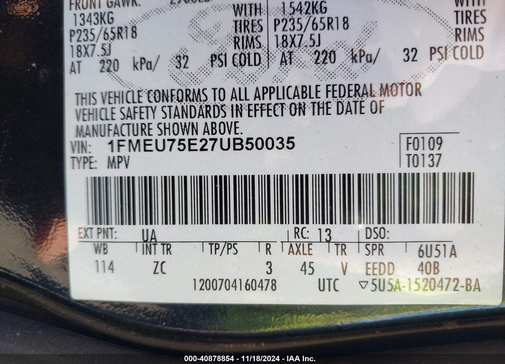 2007 FORD EXPLORER LIMITED VIN: 1FMEU75E27UB50035