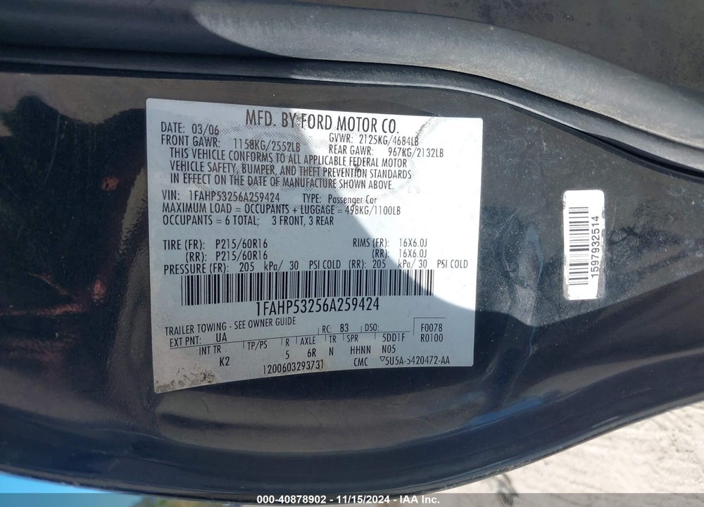 2006 FORD TAURUS SE VIN: 1FAHP53256A259424
