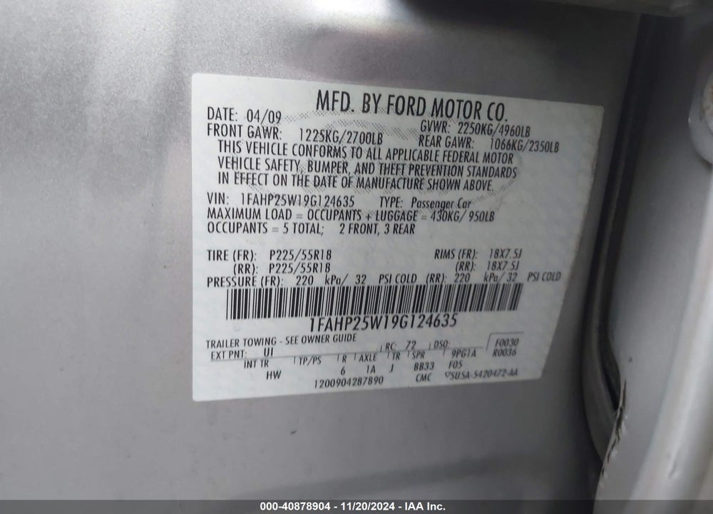 2009 FORD TAURUS LIMITED VIN: 1FAHP25W19G124635