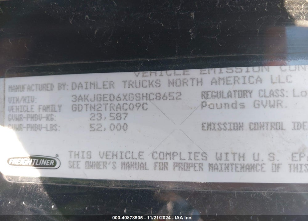 2016 FREIGHTLINER CASCADIA 125 VIN: 3AKJGED6XGSHC8652