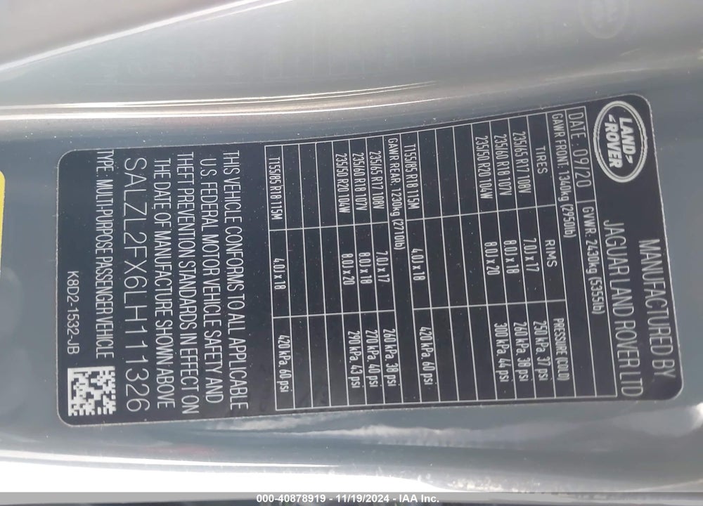 2020 LAND ROVER RANGE ROVER EVOQUE FIRST EDITION VIN: SALZL2FX6LH111326