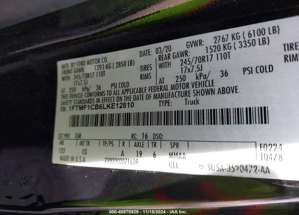 2020 FORD F-150 XL VIN: 1FTMF1CB6LKE12810