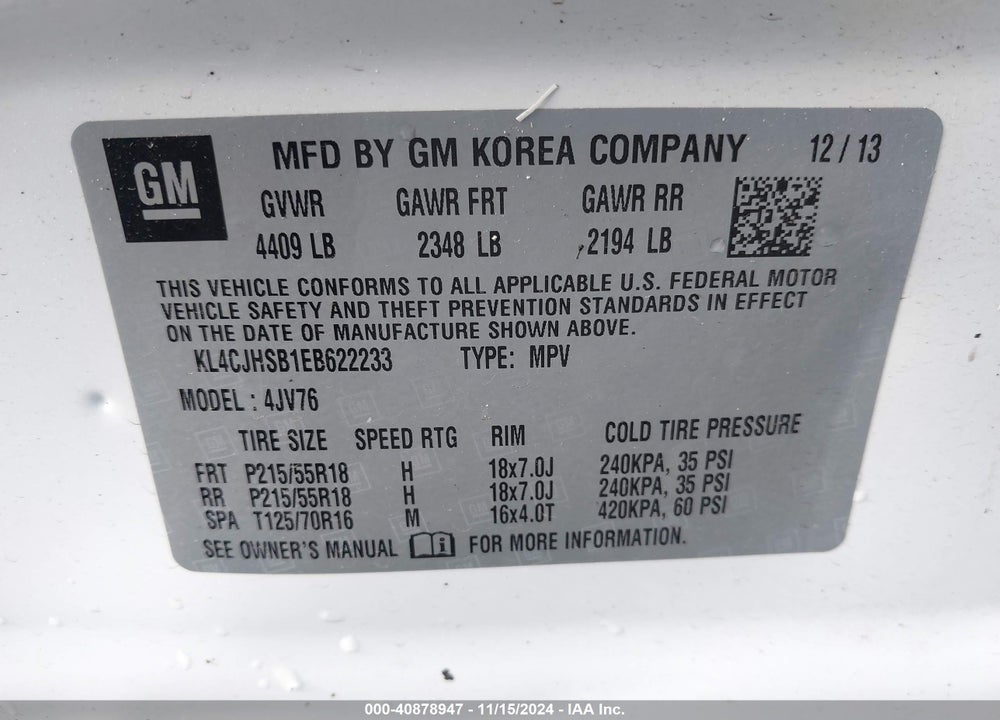 2014 BUICK ENCORE PREMIUM VIN: KL4CJHSB1EB622233