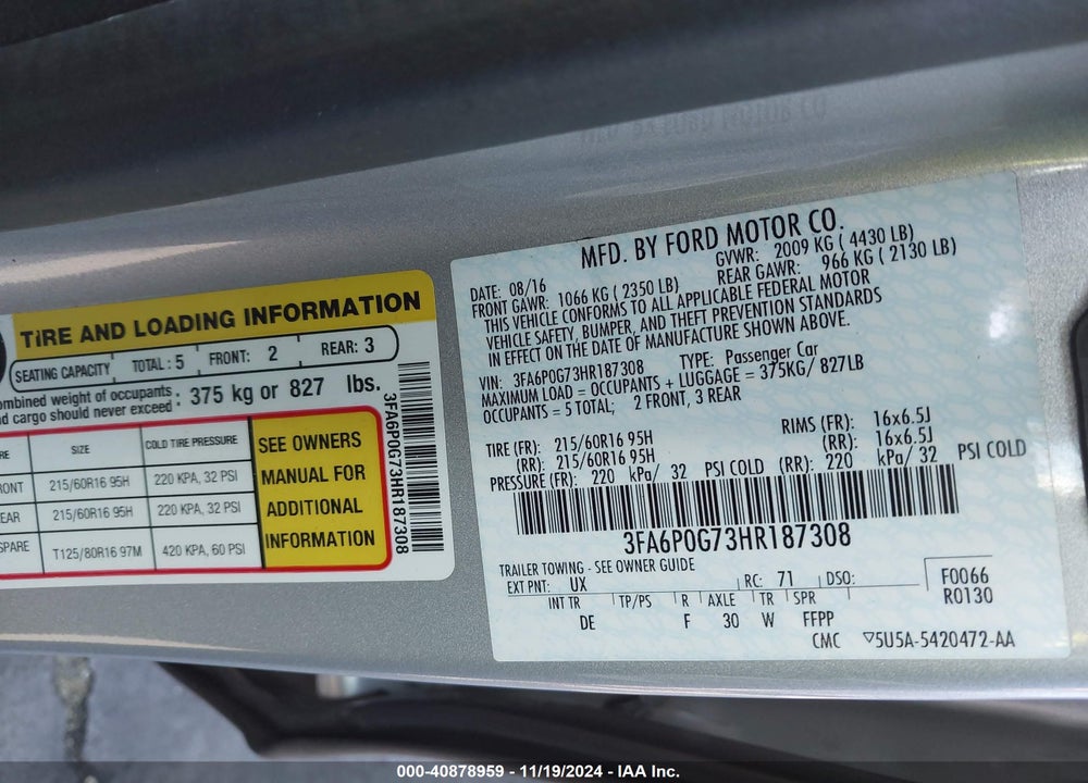 2017 FORD FUSION S VIN: 3FA6P0G73HR187308