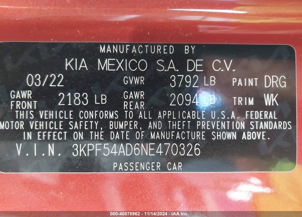 2022 KIA FORTE VIN: 3KPF54AD6NE470326