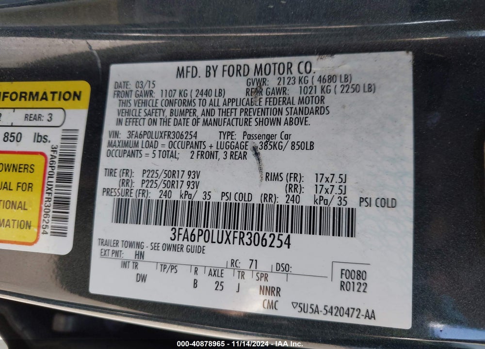 2015 FORD FUSION HYBRID SE VIN: 3FA6P0LUXFR306254