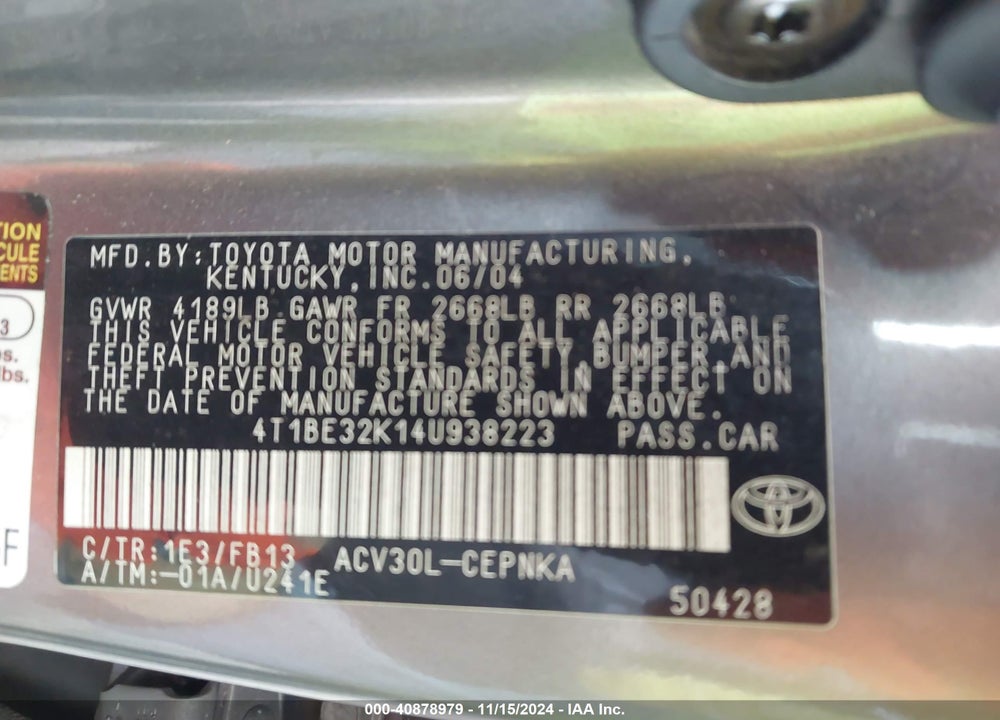 2004 TOYOTA CAMRY LE VIN: 4T1BE32K14U938223