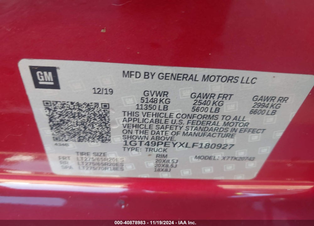 2020 GMC SIERRA 2500HD 4WD STANDARD BED AT4 VIN: 1GT49PEYXLF180927