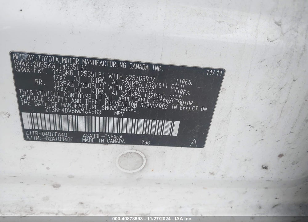2011 TOYOTA RAV4 VIN: 2T3BF4DV6BW164663