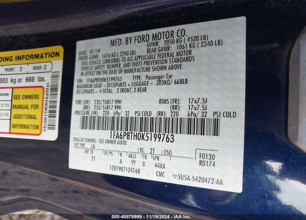 2019 FORD MUSTANG ECOBOOST VIN: 1FA6P8TH0K5199763