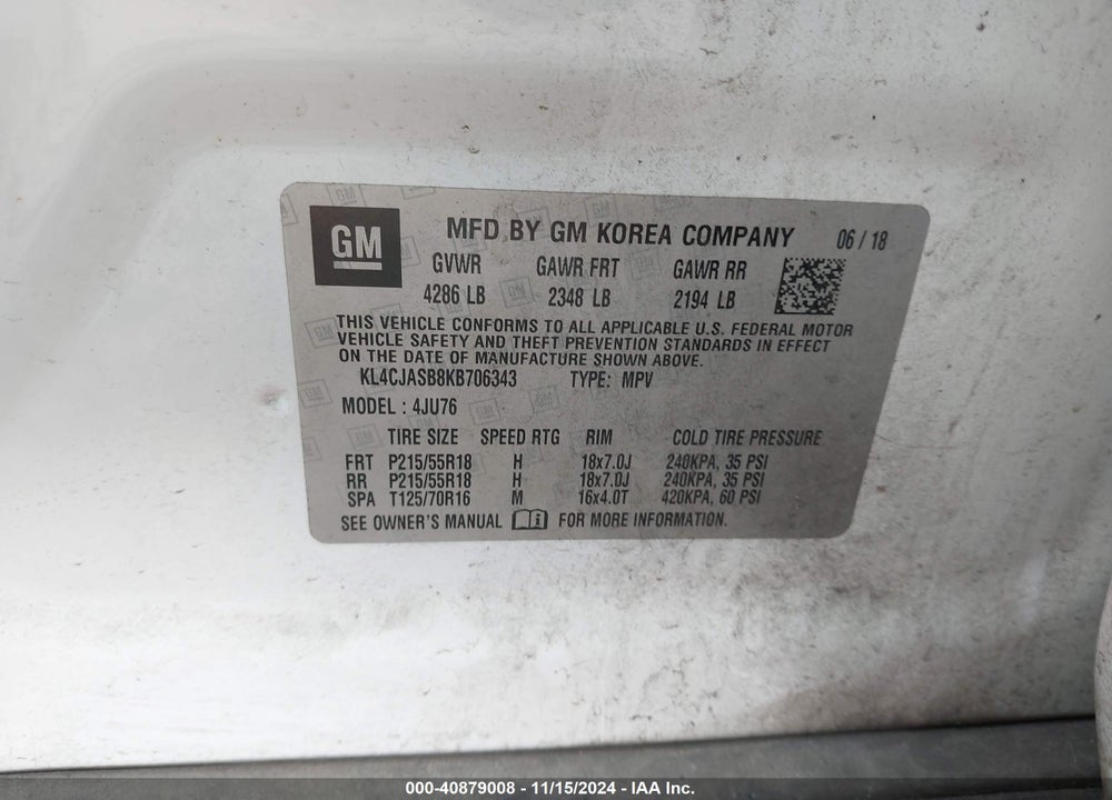2019 BUICK ENCORE FWD PREFERRED VIN: KL4CJASB8KB706343