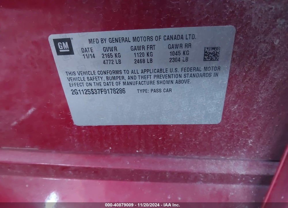 2015 CHEVROLET IMPALA 2LT VIN: 2G1125S37F9178286
