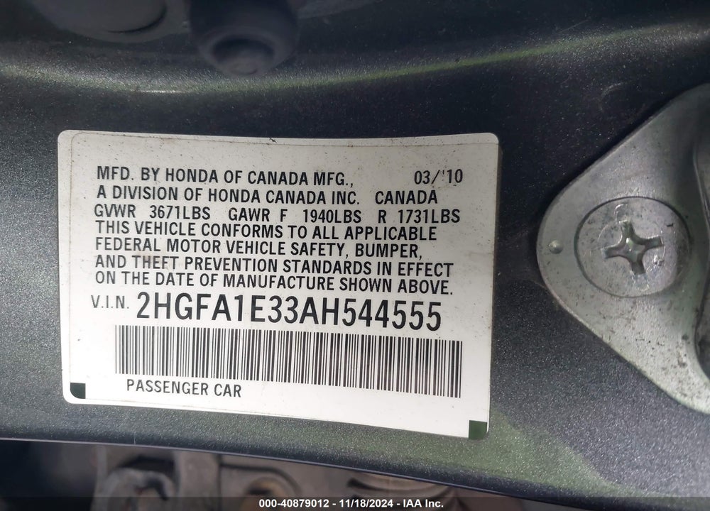 2010 HONDA CIVIC VP VIN: 2HGFA1E33AH544555