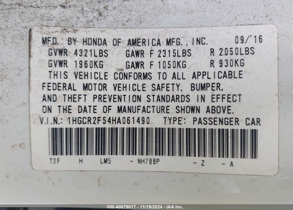 2017 HONDA ACCORD VIN: 1HGCR2F54HA061490