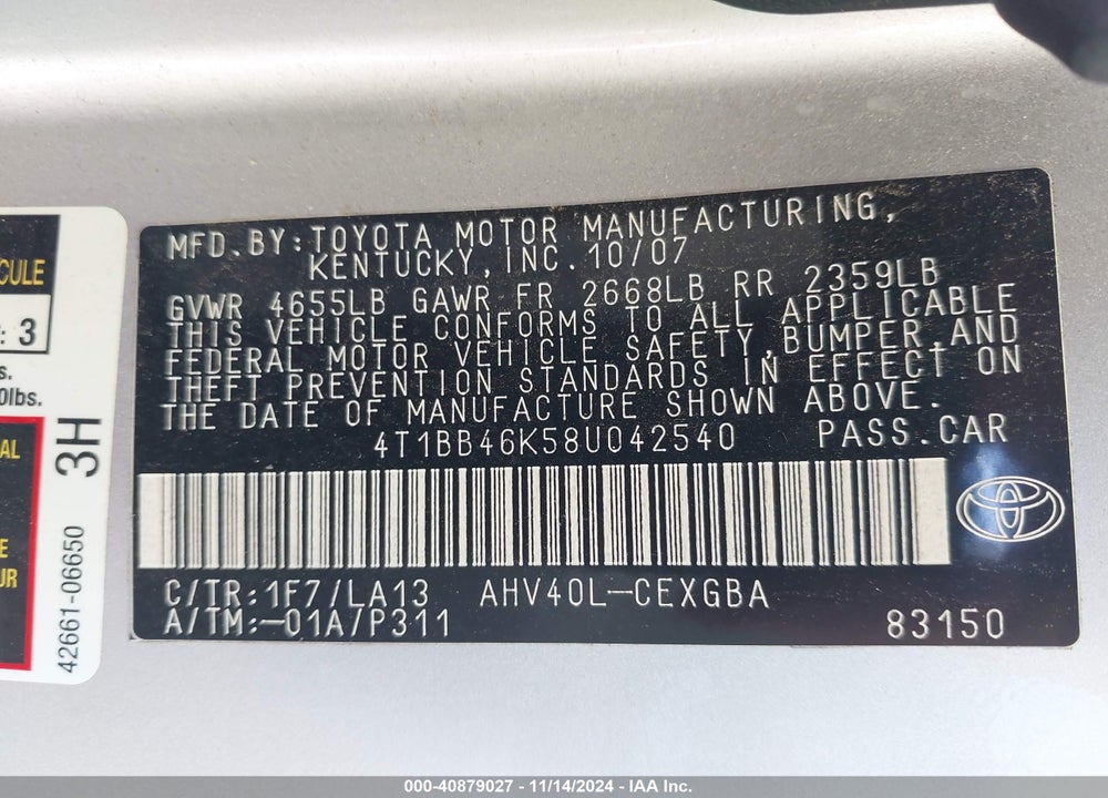 2008 TOYOTA CAMRY HYBRID VIN: 4T1BB46K58U042540